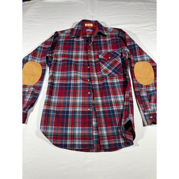 Pendleton Lobo Men’s S Wool Plaid Flannel Shirt Red Blue Elbow Patches Vintage - Picture 1 of 3